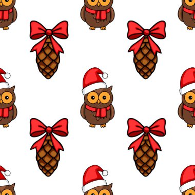 Noel Baba şapkaları ve kırmızı eşarplarla süslenmiş çam kozalakları takan sevimli çizgi film baykuşlarını içeren kusursuz vektör deseni büyüleyici bir Noel tasarımı yaratıyor..