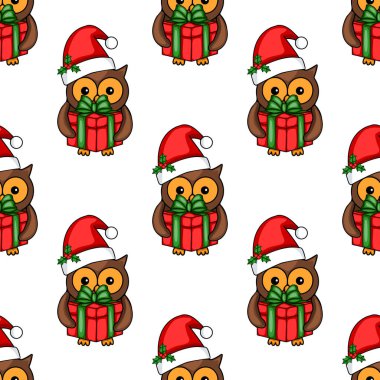 Noel Baba şapkası takan ve elinde Noel hediyeleri tutan sevimli baykuşların kusursuz vektör deseni, şenlikli tasarımlar ve kış tatilleri için mükemmel..