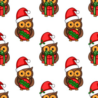 Noel Baba şapkalı şirin baykuşların kusursuz vektör desenleri, bazıları Noel hediyeleri, diğerleri Noel baloları, beyaz arka planda, şenlik tasarımları için mükemmel..