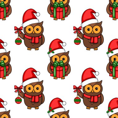 Noel Baba şapkalarında sevimli baykuşların olduğu kusursuz vektör desenleri, bazıları Noel hediyeleri taşıyor, diğerleri süslerle süslenmiş, şenlikli bir kış tasarımı yaratıyor..