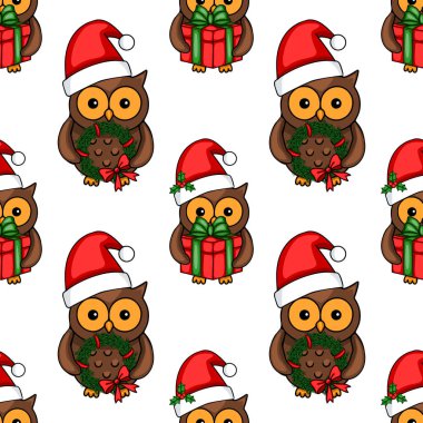 Noel Baba şapkalı şirin baykuşların kusursuz vektör desenleri, Noel çelenkleri ve hediyeler, şenlikli arka planlar ve kış tatili tasarımları için mükemmel..