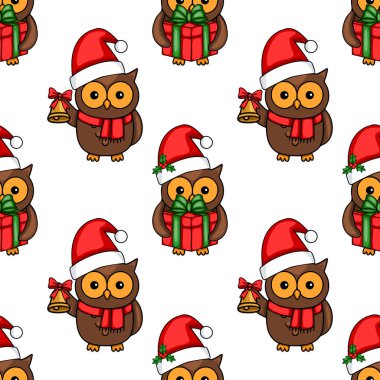 Noel Baba şapkası takan, hediyeler ve çanlar taşıyan sevimli baykuşların kusursuz vektör desenleri Noel için mükemmel..