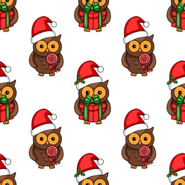 Noel Baba şapkalarında sevimli baykuşlar, bazıları hediyeler, diğerleri lolipoplarla Noel için şenlikli bir tasarım hazırlayan kusursuz bir vektör deseni..