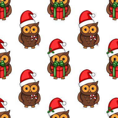 Noel Baba şapkalı şirin baykuşların kusursuz vektör desenleri, beyaz arka planda hediyeler ve şeker kamışları, şenlik tasarımları için mükemmel..