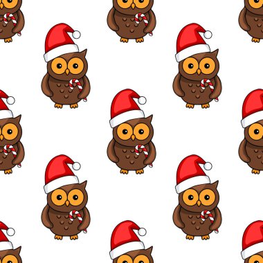 Noel Baba şapkası takan ve elinde baston şekerlemeler tutan sevimli baykuşların kusursuz vektör desenleri Noel şenliği tasarımları ve kış tatili geçmişi için mükemmel..