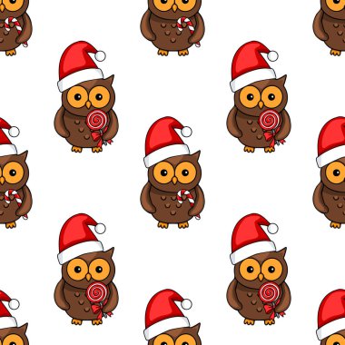 Noel Baba şapkası takan ve elinde lolipoplar tutan sevimli baykuşların kusursuz vektör desenleri Noel için mükemmel tasarımlar ve kış tatili projeleri..