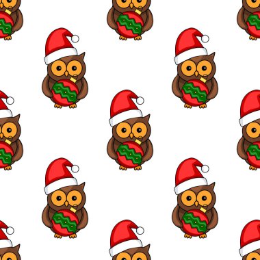 Noel Baba şapkalı sevimli baykuşların kusursuz vektör deseni, her biri bir Noel mücevheri taşıyor, neşeli ve büyüleyici bir kış tasarımı yaratıyor..