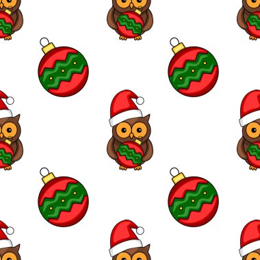 Noel Baba şapkalı şirin baykuşların elinde kırmızı ve yeşil mücevherler, şenlikli tasarımlar ve kış tatilleri için mükemmel..