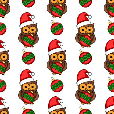 Noel Baba şapkalı sevimli baykuşların kusursuz vektör desenleri, ellerinde Noel mücevherleri, neşeli kırmızı ve yeşil bir renk düzeni, şenlik tasarımları için mükemmel..