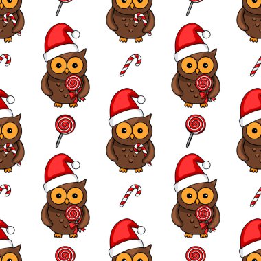Noel Baba şapkası takan, lolipop ve baston şekerlemeleri tutan sevimli çizgi film baykuşlarını içeren kusursuz bir vektör deseni, kış tatili için mükemmel bir Noel tasarımı yaratıyor..