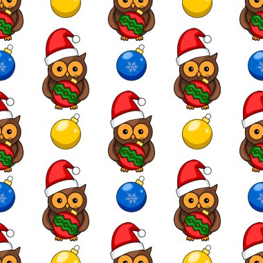 Noel Baba şapkalı baykuşların Noel süsleri taşıdığı kusursuz bir şenlik ve neşeli bir kış tasarımı..