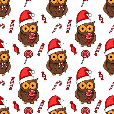 Noel Baba şapkalı sevimli baykuşların kusursuz vektör deseni lolipoplar ve şeker kamışları, şenlikli Noel tasarımları için mükemmel.