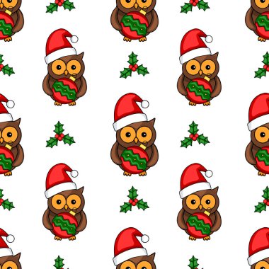 Noel Baba şapkalarında sevimli baykuşların olduğu, Noel mücevherleri taşıdığı ve kutsal böğürtlenlerle süslenmiş kusursuz bir Noel deseni..