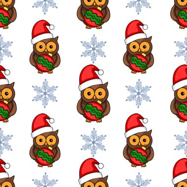 Noel Baba şapkalı sevimli baykuşların, beyaz arka planda narin kar taneleri ile karıştırılmış ziynetli mücevherler taşıdığı kusursuz bir vektör Noel deseni..