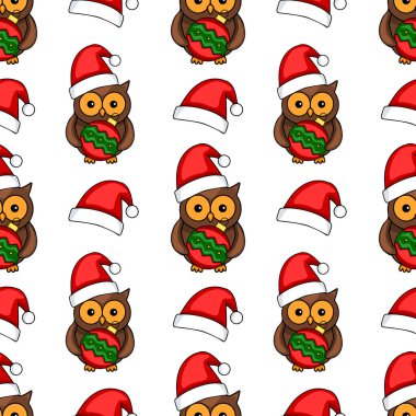 Noel Baba şapkalı baykuşların Noel süsleri taşıdığı kusursuz vektör desenli karikatür baykuşları tatil geçmişi ve baskıları için neşeli ve şen şakrak bir kış tasarımı yaratıyor..