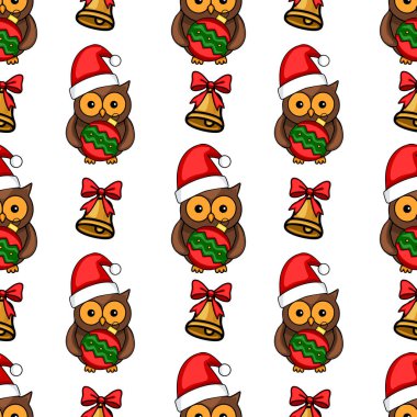 Noel Baba şapkalı şirin baykuşlar Noel mücevherleri, fiyonklu altın çanlar, şenlikli kış tatili tasarımı..