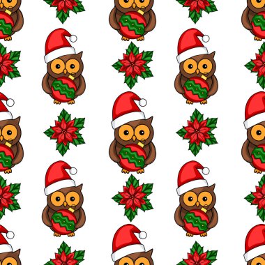 Noel Baba şapkalı sevimli baykuşların kusursuz vektör deseni Noel mücevherleri taşıyor, noktalı çiçeklerle karışıp neşeli ve neşeli bir kış tasarımı yaratıyor..