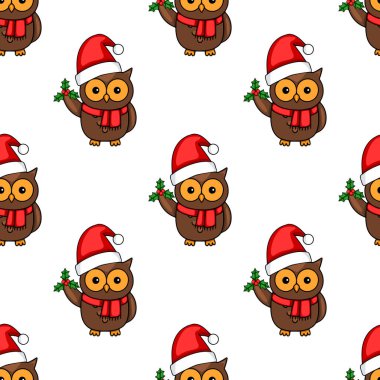 Noel Baba şapkası takan, elinde çoban püskülü taşıyan, Noel Baba tasarımları için mükemmel sevimli baykuşların kusursuz vektör deseni..