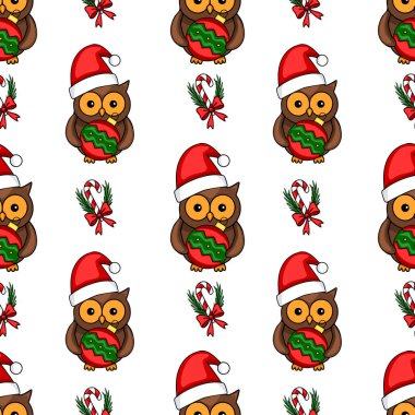 Noel Baba şapkalı şirin baykuşların kusursuz vektör desenleri Noel mücevherleri taşıyor, şeker kamışları ve yaylarla birbirine karışmış, neşeli ve neşeli bir kış tasarımı yaratıyor..