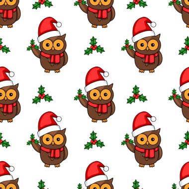 Noel Baba şapkası takan, elinde çoban püskülü taşıyan, Noel şenliği tasarımları ve kış tatili için mükemmel baykuşların kusursuz vektör deseni..