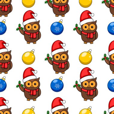 Noel Baba şapkalı şirin baykuşlarla kusursuz bir Noel şablonu, kutsal ve renkli mücevherler, neşeli ve neşeli bir kış tasarımı yaratıyor..