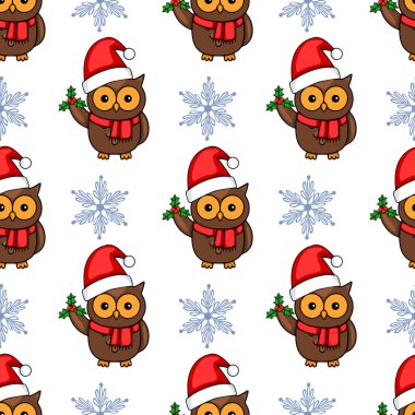 Noel Baba şapkası takan, Holly Sprigs 'i tutan sevimli çizgi film baykuşlarının, zarif kar tanelerinin olduğu arka planda, mükemmel kış tasarımları yapan kusursuz vektör desenleri..