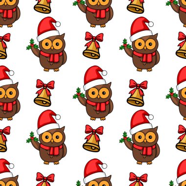 Noel Baba şapkaları takan, Noel Baba şapkaları takan, kırmızı kurdeleli altın çanlar, neşeli ve neşeli bir kış tasarımı oluşturan kusursuz vektör Noel deseni..