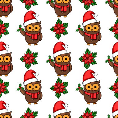 Noel Baba şapkalarında sevimli baykuşların olduğu kusursuz bir Noel deseni, Holly Sprigs 'in yanında canlı noktalı çiçekler, neşeli ve neşeli bir kış tasarımı yaratıyor..