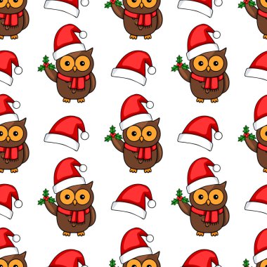 Noel Baba şapkası takan, kutsal dalları tutan ve beyaz arka planda Noel Baba şapkaları takan sevimli kahverengi baykuşların kusursuz vektör deseni büyüleyici bir Noel tasarımı yaratıyor..