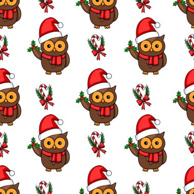 Noel Baba şapkalı şirin baykuşların kusursuz vektör deseni, çoban püskülü şeker kamışları ve yaylarla Noel için şenlikli bir tasarım yaratıyor..