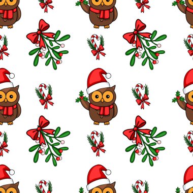 Noel Baba şapkalı, ökseotlu, şeker kamışlı ve kırmızı kurdeleli baykuşlu kusursuz bir Noel deseni. Bayram tasarımları ve kış kutlamaları için mükemmel..