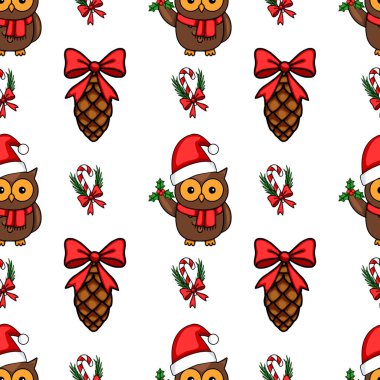 Noel Baba şapkaları, çam kozalakları, şeker kamışları ve Noel ağacı dalları takan sevimli baykuşlarla kusursuz bir Noel şenliği. Bayram ve kış tatili projeleri için tasarlanmış..