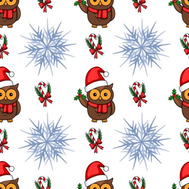 Noel Baba şapkaları, kar taneleri, şeker kamışları ve çobanpüskülleri içinde sevimli baykuşların bulunduğu kusursuz bir Noel deseni, neşeli ve büyüleyici bir kış tasarımı yaratıyor..