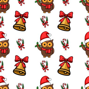 Noel Baba şapkalarında sevimli baykuşlar, kırmızı yaylı çan sesleri ve çobanpüsküllü şeker kamışları içeren kusursuz bir Noel deseni, neşeli ve büyüleyici bir kış tasarımı yaratıyor..