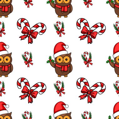 Noel Baba şapkalı sevimli baykuşlar, kırmızı kurdeleli şeker kamışları ve çobanpüsküllü çoban püskülleri içeren kusursuz vektör Noel deseni, kış tatili için mükemmel ve eğlenceli bir tasarım yaratıyor..