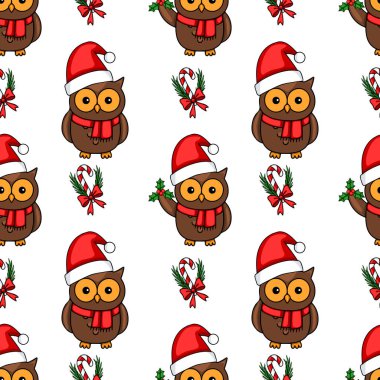 Noel Baba şapkası takan, elinde kutsal böğürtlen tutan, Noel temalı tasarımlar için mükemmel şeker kamışları ve şenlikli yaylarla çevrili sevimli baykuşların kusursuz vektör desenleri..