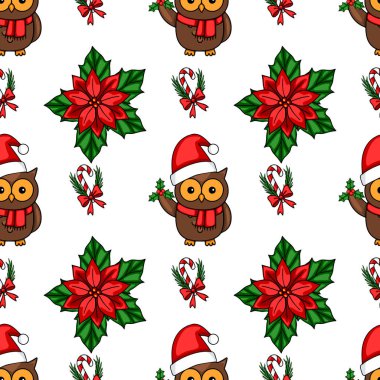 Noel Baba şapkalı, puantiyeli, bastonlu ve kutsal böğürtlenli baykuşları olan kusursuz bir Noel deseni. Şenlikli kış tasarımları için mükemmel..