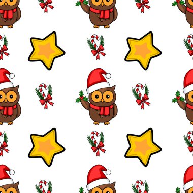 Noel Baba şapkalı, bastonlu, şekerli, yıldızlı ve çoban püsküllü baykuşlarla süslenmiş kusursuz bir Noel deseni. Festival tasarımları için mükemmel..