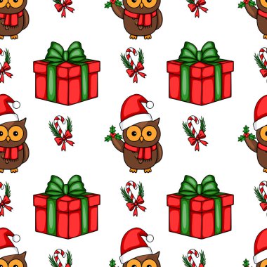 Noel Baba şapkalarında sevimli baykuşların olduğu kusursuz bir Noel şablonu. Kutlama hediye kutuları ve şeker kamışları yanında neşeli bir bayram tasarımı yaratıyor..