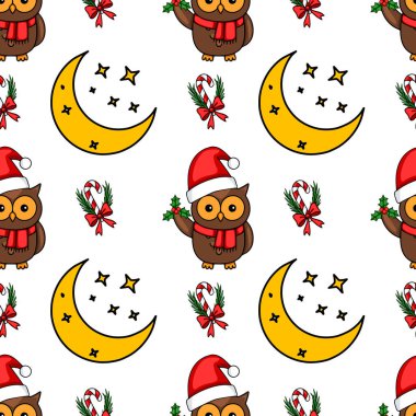 Noel Baba şapkalı, şeker kamışlı, ökse otlu ve hilal şeklindeki baykuşlu kusursuz Noel desenli Noel Baba şenlikleri, şenlikli kış tasarımları için mükemmel..