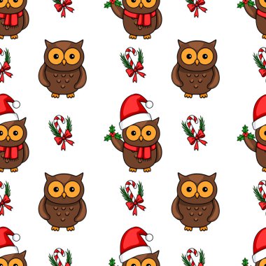 Noel Baba şapkalarında sevimli baykuşlar, çoban püskülleri, şeker kamışları ve şenlikli yaylarla birlikte büyüleyici bir Noel tasarımı oluşturan kusursuz vektör deseni..