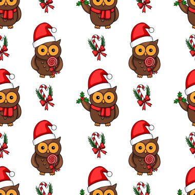 Noel Baba şapkalı, elinde lolipoplar olan, Noel şekeri kamışları ve çoban püskülleri ile çevrili şirin baykuşların kusursuz vektör deseni, şenlikli kış tasarımları için mükemmel..