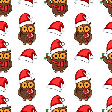 Noel Baba şapkalı baykuşlar, lolipoplar ve çobanpüsküllü lolipoplar taşıyan kusursuz bir Noel tasarımı..