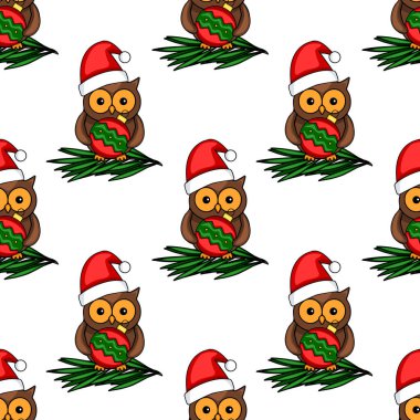 Noel Baba şapkalarında Noel süsleri taşıyan, köknar dallarına tünemiş baykuşların kusursuz vektör deseni bayram kartları ve ambalaj kağıtları için mükemmel bir şenlikli kış tasarımı yaratıyor..