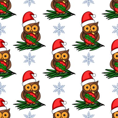 Noel Baba şapkalarında Noel mücevherleri taşıyan, köknar dallarına yerleştirilmiş, beyaz bir zemin üzerinde kar taneleri olan sevimli baykuşların kusursuz vektör deseni..
