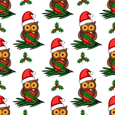 Noel Baba şapkalarında sevimli baykuşların olduğu, ellerinde şenlikli süsler bulunan, çam dallarına kutsal böğürtlenlerle yerleştirilmiş, büyüleyici bir kış tatili tasarımı yaratan kusursuz bir Noel deseni..
