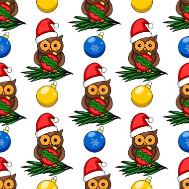 Noel Baba şapkalarında sevimli baykuşların olduğu, Noel süsleri taşıyan ve çam dallarına tüneyen kusursuz vektör deseni, neşeli ve neşeli bir kış tasarımı yaratıyor..