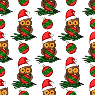 Noel Baba şapkalı şirin baykuşlarla kusursuz vektör şablonu köknar dallarında Noel mücevherleri taşıyor, kırmızı ve yeşil renkli bir şenlik düzenliyor..