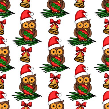 Noel Baba şapkalarında sevimli baykuşların olduğu, Noel mücevherleri taşıyan, köknar dallarına yerleştirilmiş, altın çanlar ve kırmızı fiyonklarla karışmış, şenlikli bir kış tasarımı yaratan kusursuz bir vektör deseni..