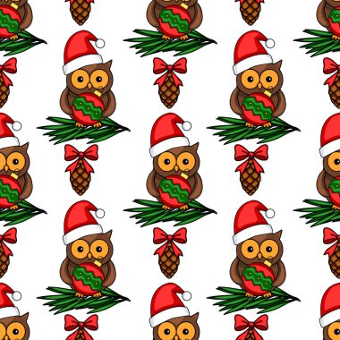 Noel Baba şapkalı baykuşların Noel mücevherleri taşıdığı, çam kozalakları ve kırmızı yaylarla tamamlanmış çam dallarına yerleştirilmiş Noel Baba şapkalarıyla süslenmiş kusursuz bir Noel şablonu..